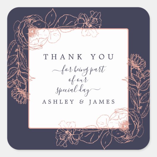 Donkerblauwe roze roze gouden bruine bruiloft Dank Vierkante Sticker (Voorkant)