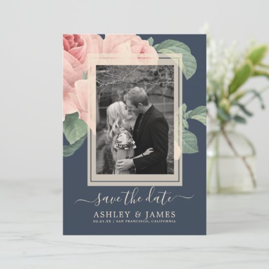 Donkerblauwe  roze roze rietsband Bewaar de datum Kaart (Staand voorkant)