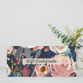Donkerblauwe roze Waterverf Floral Cadeaubon (Staand voorkant)