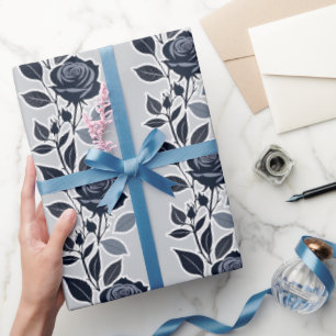 Donkerblauwe Rozen Met Zilveren Bladeren Cadeaupapier
