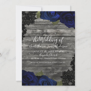 Donkerblauwe Rozen Ruw Hout Zwarte Kant Trouwdag Kaart