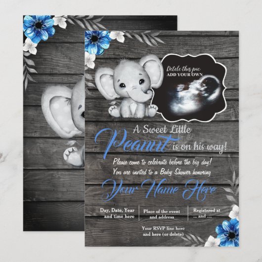 Donkerblauwe rustieke olifant jongen uitnodiging d (Voorkant / Achterkant)