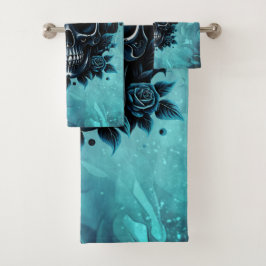 Donkerblauwe schedel met rozen. bad handdoek