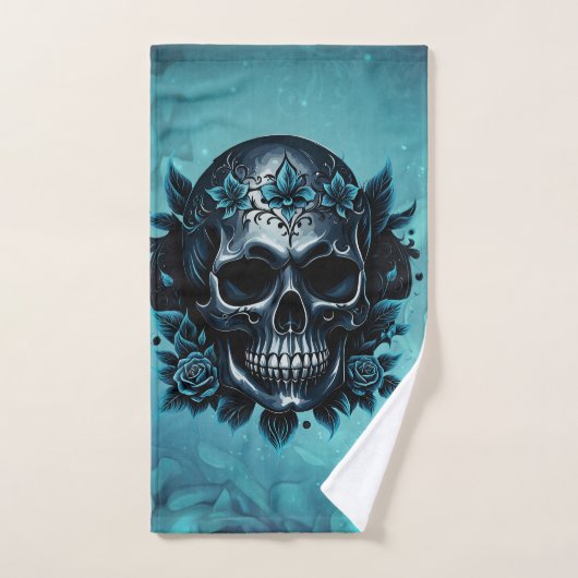 Donkerblauwe schedel met rozen. bad handdoek (Handdoek)