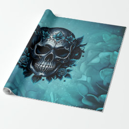Donkerblauwe schedel met rozen. cadeaupapier