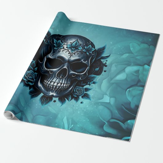 Donkerblauwe schedel met rozen. cadeaupapier (Uitgerold)