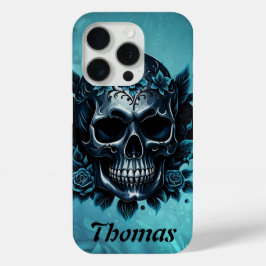Donkerblauwe schedel met rozen. iPhone 15 pro case