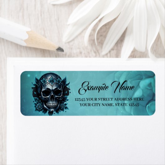 Donkerblauwe schedel met rozen etiket (Insitu)