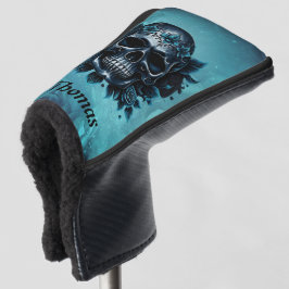 Donkerblauwe schedel met rozen. golfheadcover
