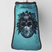 Donkerblauwe schedel met rozen. golfheadcover (Draai 90)