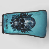 Donkerblauwe schedel met rozen. golfheadcover (Voorkant)