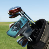 Donkerblauwe schedel met rozen. golfheadcover (Insitu)
