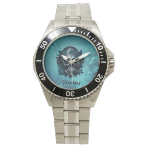 Donkerblauwe schedel met rozen. horloge