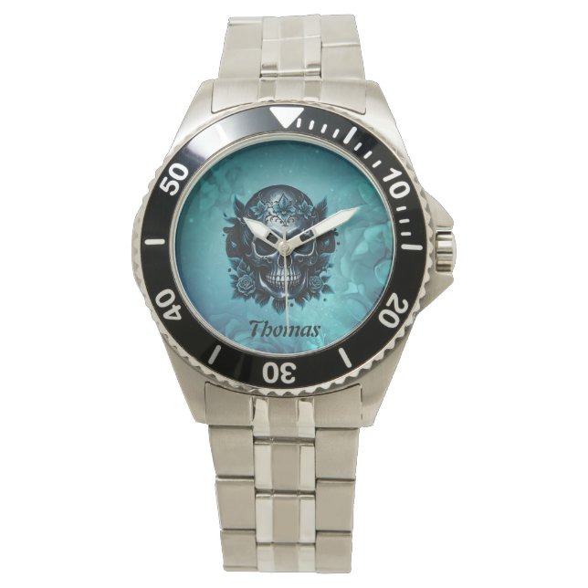 Donkerblauwe schedel met rozen. horloge (Voorkant)