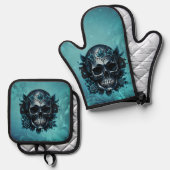 Donkerblauwe schedel met rozen. ovenwant & pannenlap set (Voorkant / Achterkant)