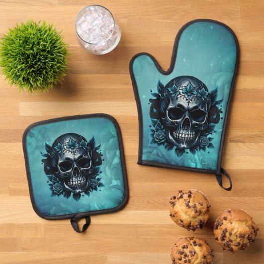 Donkerblauwe schedel met rozen. ovenwant & pannenlap set (Top down)