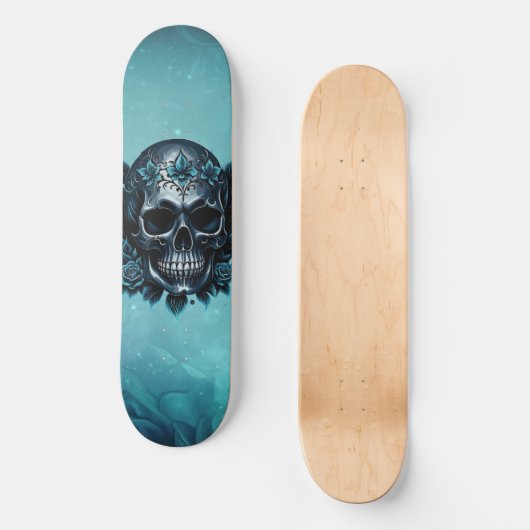 Donkerblauwe schedel met rozen. persoonlijk skateboard (Voorkant)