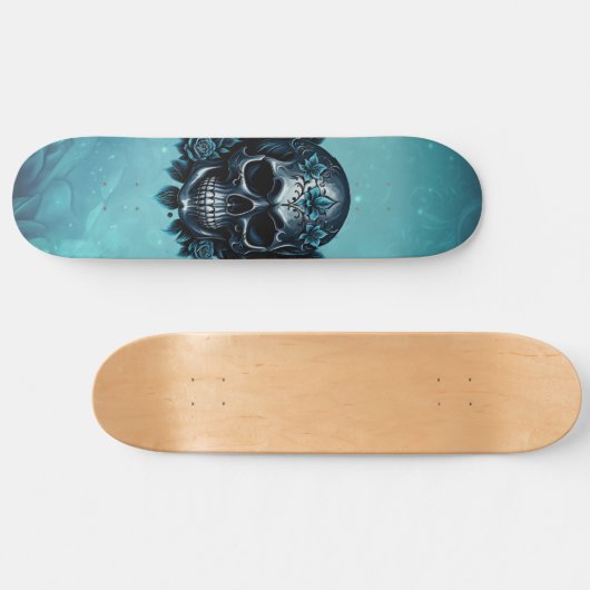 Donkerblauwe schedel met rozen. persoonlijk skateboard (Horizontaal)