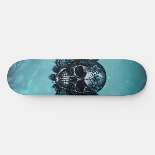 Donkerblauwe schedel met rozen. persoonlijk skateboard (Horizontaal)