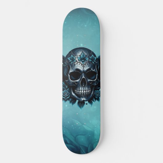 Donkerblauwe schedel met rozen. persoonlijk skateboard (Voorkant)