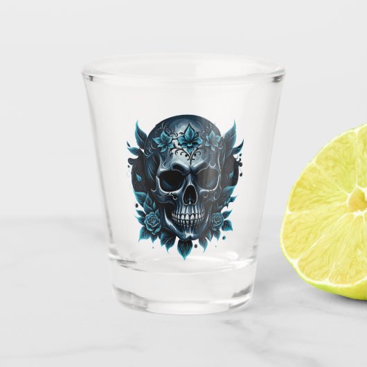 Donkerblauwe schedel met rozen. shot glas (Voorkant)