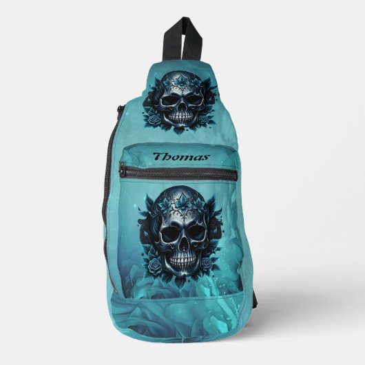 Donkerblauwe schedel met rozen. sling bag (Voorkant)
