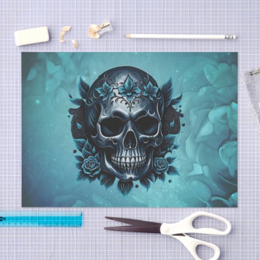 Donkerblauwe schedel met rozen. tissuepapier (Craft)