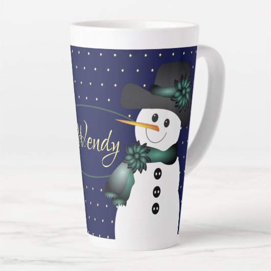 Donkerblauwe sneeuwman latte mok (Rechterhoek)