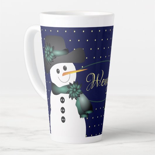 Donkerblauwe sneeuwman latte mok (Linkerhoek)