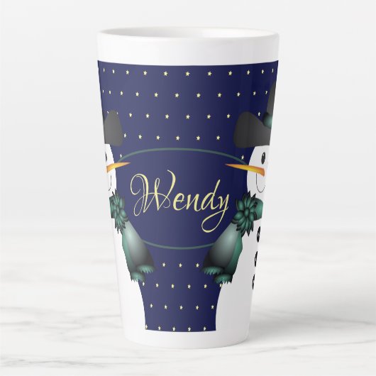 Donkerblauwe sneeuwman latte mok (Voorkant)