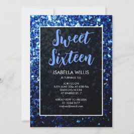 Donkerblauwe sparkles Sweet 16 elegant script Kaart