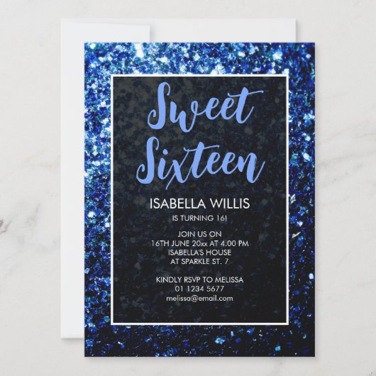 Donkerblauwe sparkles Sweet 16 elegant script Kaart (Voorkant)