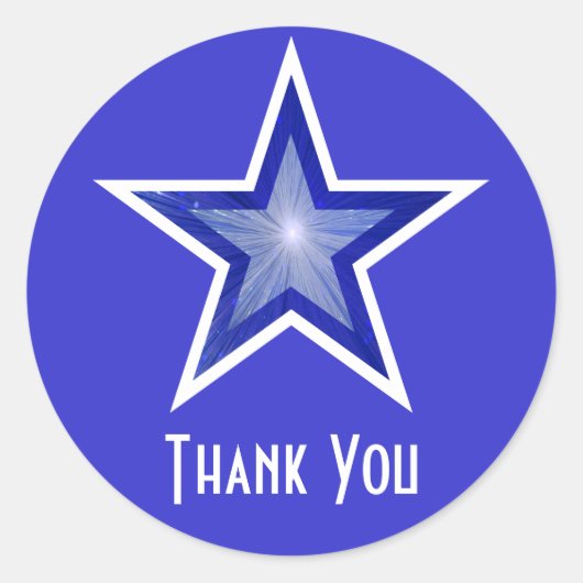 Donkerblauwe ster "Dank u" rond sticker blauw (Voorkant)