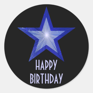 Donkerblauwe ster: "Happy Birthday" in zwart zwart Ronde Sticker
