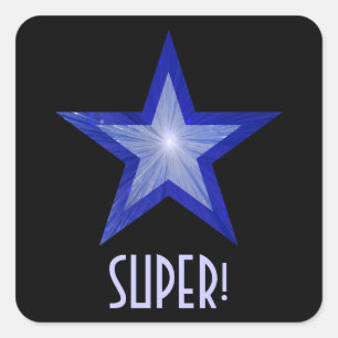 Donkerblauwe ster 'SUPER' vierkante sticker zwart