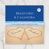 Donkerblauwe strandhuwelijk 2 harten in het zand bedankjes labels (Achterkant)