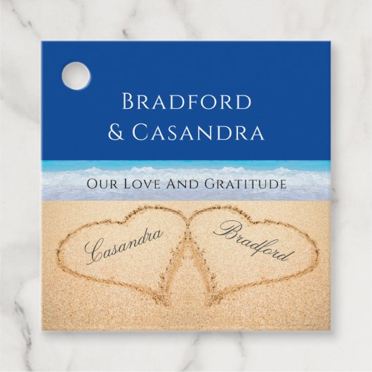 Donkerblauwe strandhuwelijk 2 harten in het zand bedankjes labels (Voorkant)