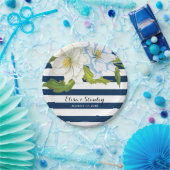 Donkerblauwe strepen & bloemen moderne bloemenbrui papieren bordje (Feest)