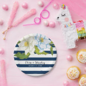 Donkerblauwe strepen & bloemen moderne bloemenbrui papieren bordje (Feest)