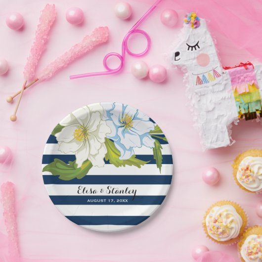 Donkerblauwe strepen & bloemen moderne bloemenbrui papieren bordje (Feest)