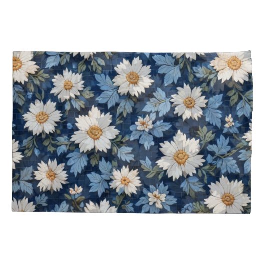 Donkerblauwe Tegel witte bloem Kussensloop (Achterkant)