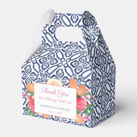 Donkerblauwe  Tegels Citrus Roze Trouwdouche Bedankdoosjes (Voorkant Zijde)