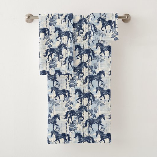 Donkerblauwe toile paarden naadloos bad handdoek (Insitu)