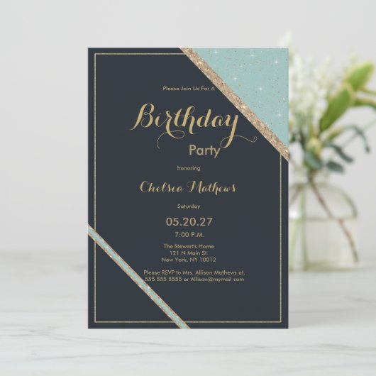 Donkerblauwe turquoise gouden glinsterende geometr kaart (Staand voorkant)