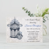 Donkerblauwe vogel, uitnodiging voor Damask (Staand voorkant)