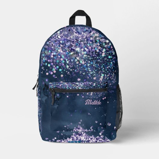 Donkerblauwe waterverf en faux chunky glitter bedrukte rugzak (Voorkant)