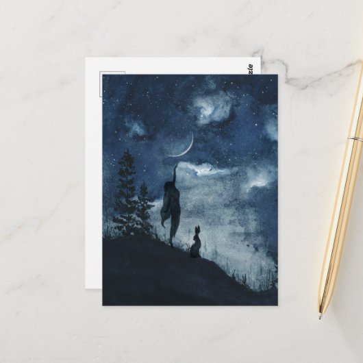 Donkerblauwe waterverf halve maan godin haas briefkaart (Voorkant / Achterkant in situ)
