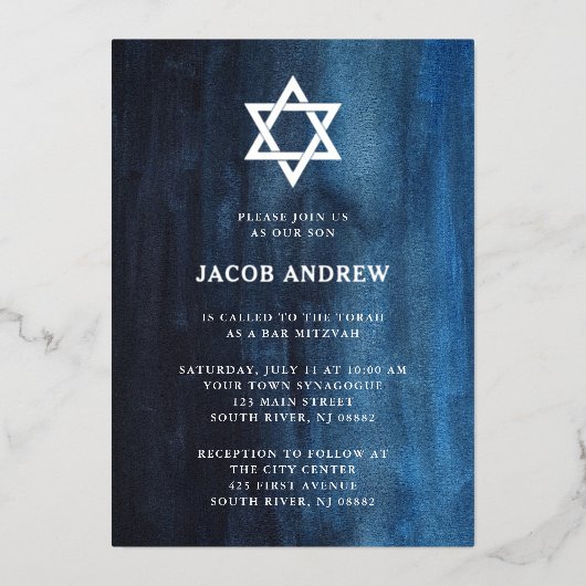Donkerblauwe Waterverf met zilver | Bar Mitzvah Folie Uitnodiging (Voorkant)