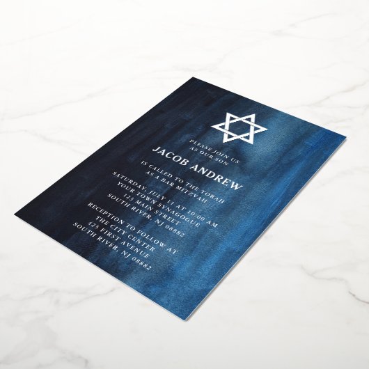 Donkerblauwe Waterverf met zilver | Bar Mitzvah Folie Uitnodiging (Gedraaid)