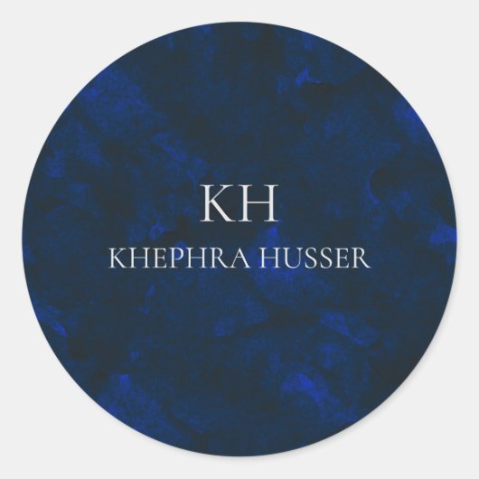 Donkerblauwe Waterverf monogram naam Ronde Sticker (Voorkant)